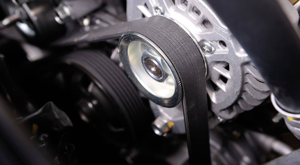 A close up of a vehicles serpentine belt is shown.