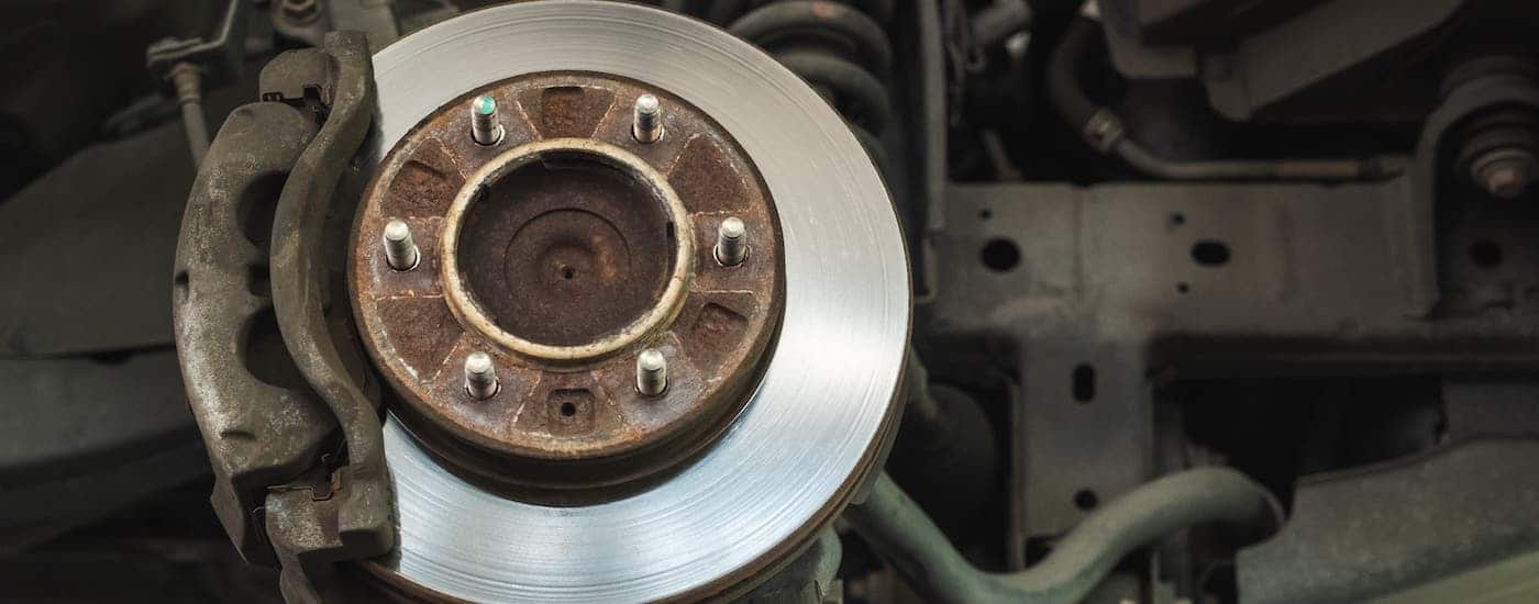 A brake pad is shown during a Cincinnati tire service.