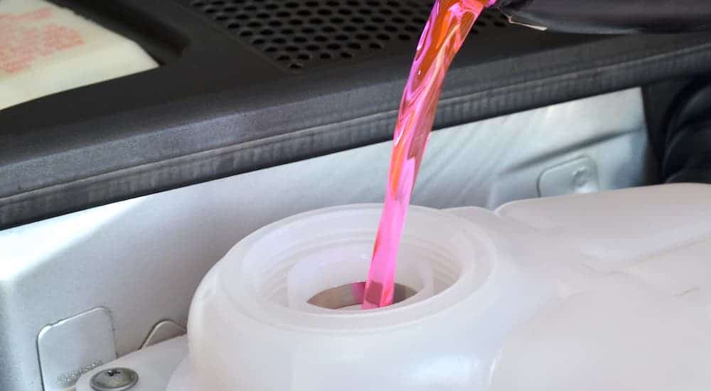 Pink coolant is being poured into a car's coolant reservoir.